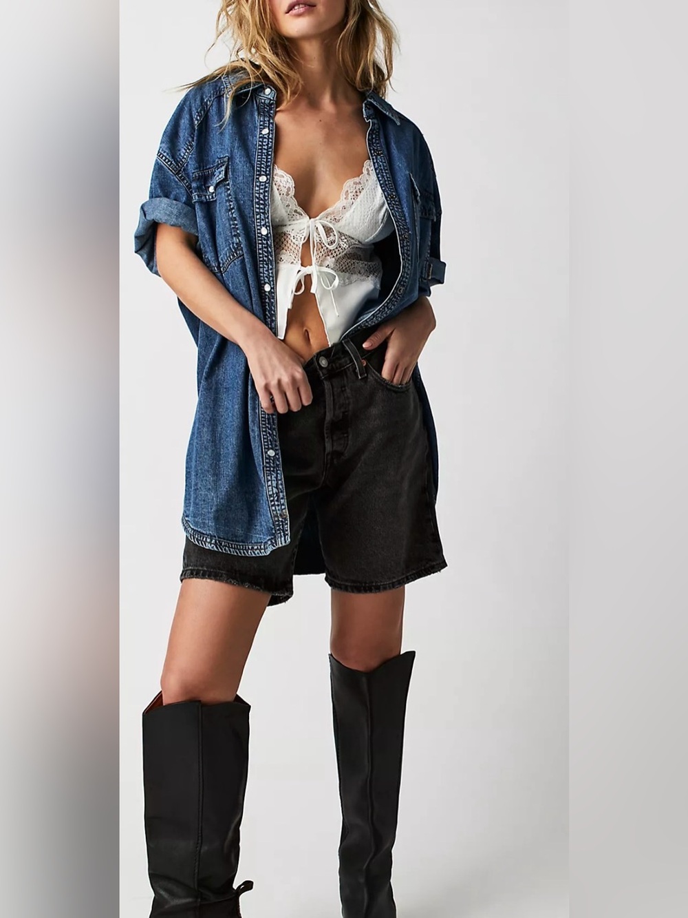 We The Free The Short Of It Denim Top Oversized Western Tunic Shirt M